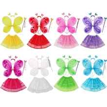 Vêtements Cosplay pour enfants, 4 pièces, ailes de papillon, cerceaux, coiffure, Mini jupe mignonne, 8 couleurs
