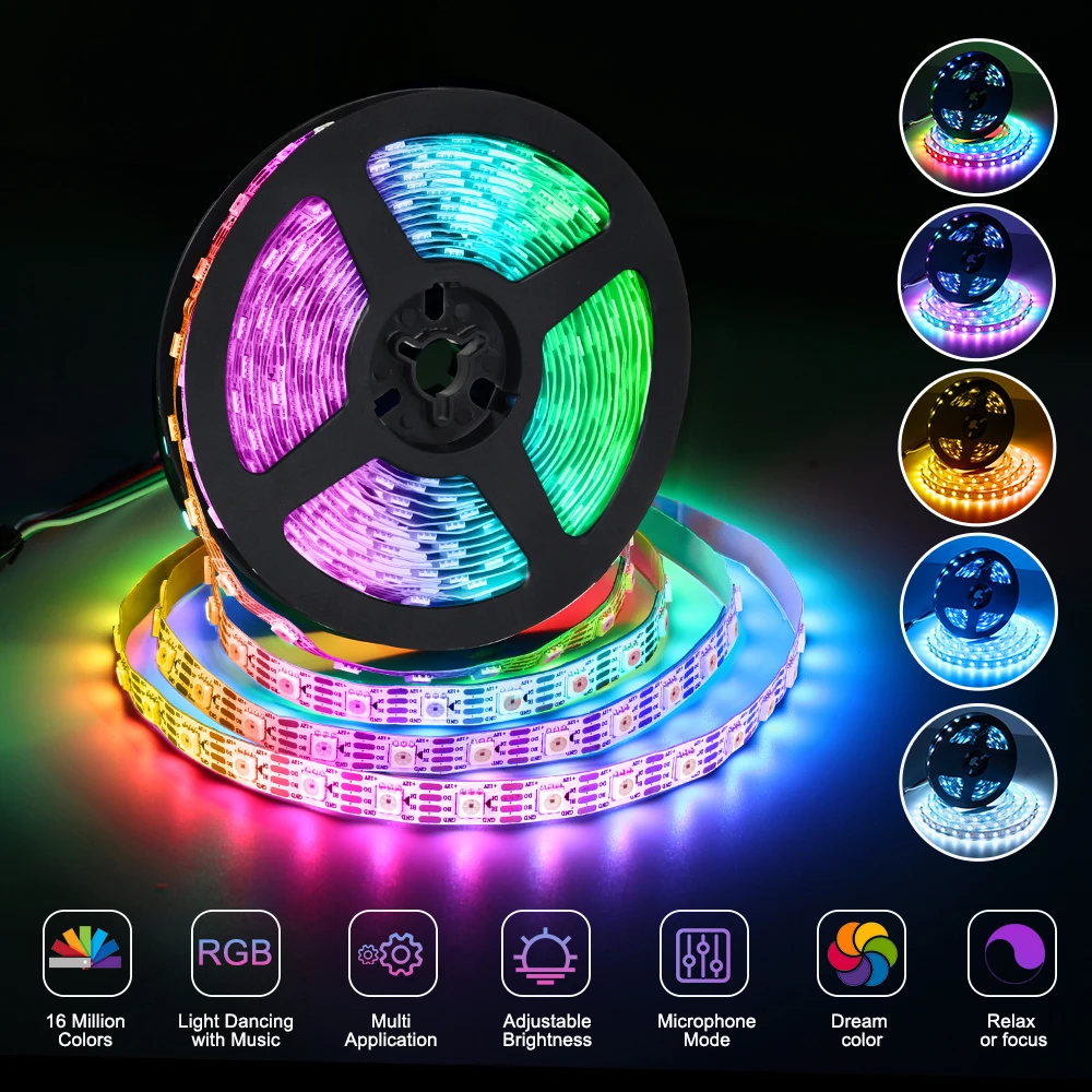 

WS2815 5M 300 Pixels Magic Dream Color Strip lighting Individually Addressable RGB LED Flexible Strip Light 5050 SMD Dual Signal