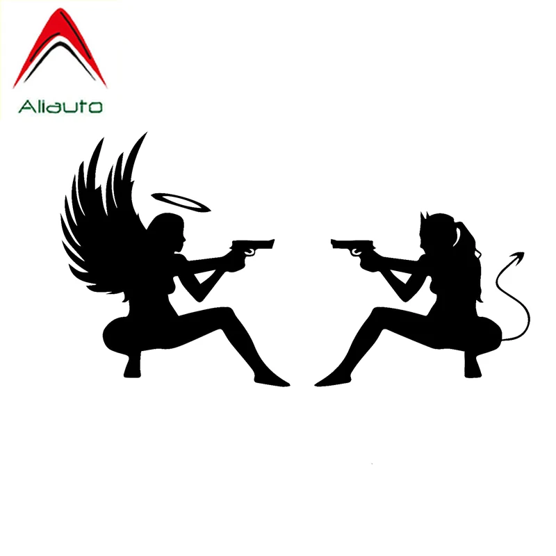 

aliauto Personality Custom Car Stickers Sexy Devil Angel With Pistol Vinyl waterproof Decals accessories Black/Silver,17cm*9cm