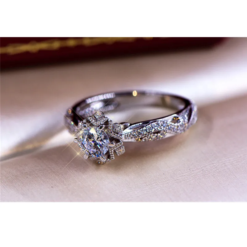 Wedding Rings for Women White Gold Plated Hollow Flower Cubic Zirconia