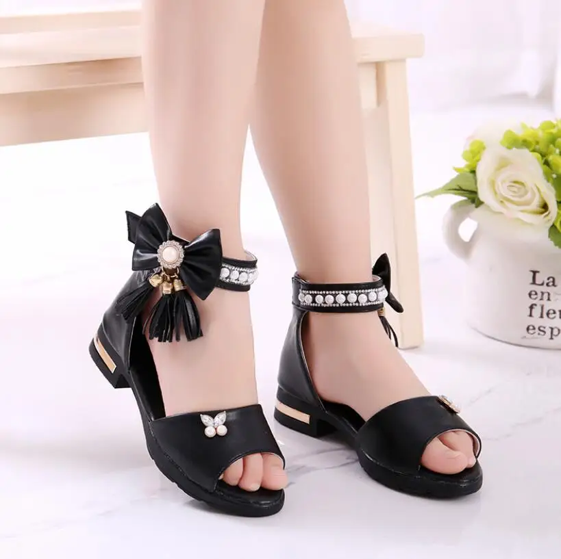 Kids Bow Sandals Children Girls Summer Cute Sandals Beach Princess Fashion High Heels Tassel School Shoes
