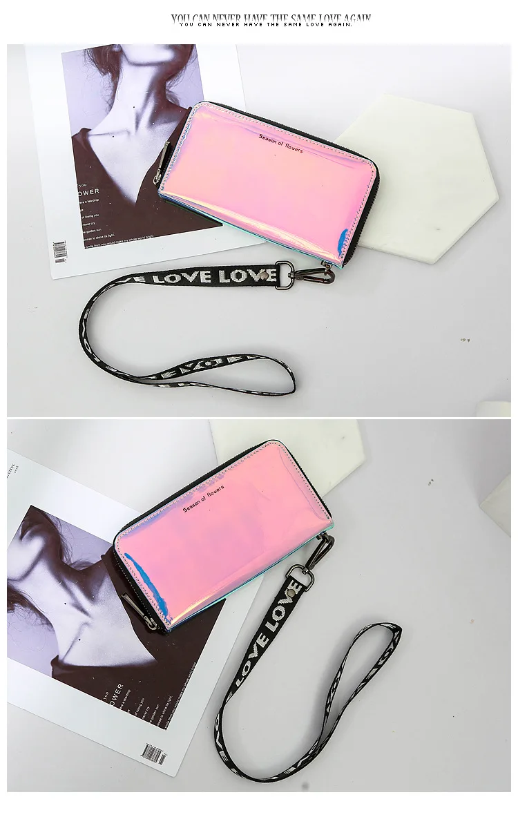 New Lanyard Laser Holographic Wallet Women Long Purse Female Clutch Bag Women Wallets Purses Zip Phone Pocket