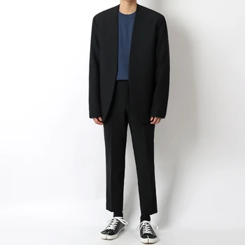 

Male Women Japan Korea Streetwear Retro Fashion Blazer Jacket Cardigan Outerwear Men No Button Casual Suit Coat