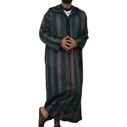 2024 New Fashion Men Ethnic Style Shirt Ramadan Gown Moroccan Robe Striped Long Thobe