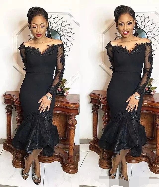 

Black Tea Length Prom Dresses 2019 South African Long Sleeves Mermaid Evening dress off the shoulder Formal gown robe de soiree