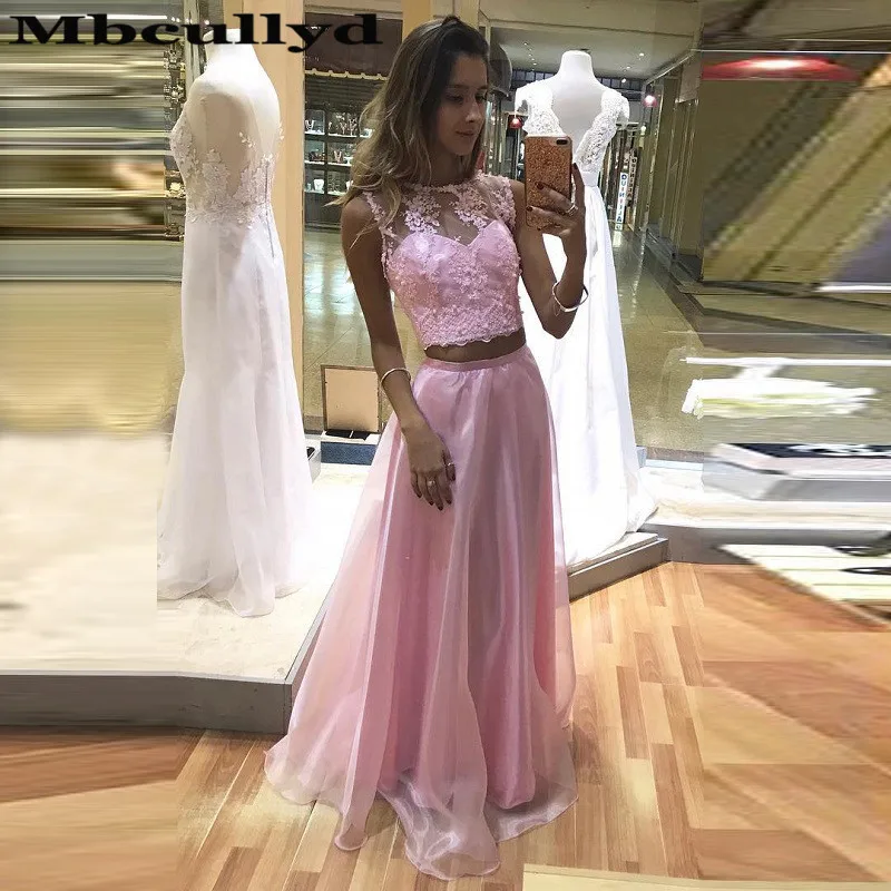 

Mbcullyd Pink Prom Dresses Long 2019 Two Pieces Dress Evening Gowns Applique Lace vestidos de fiesta largos elegantes de gala