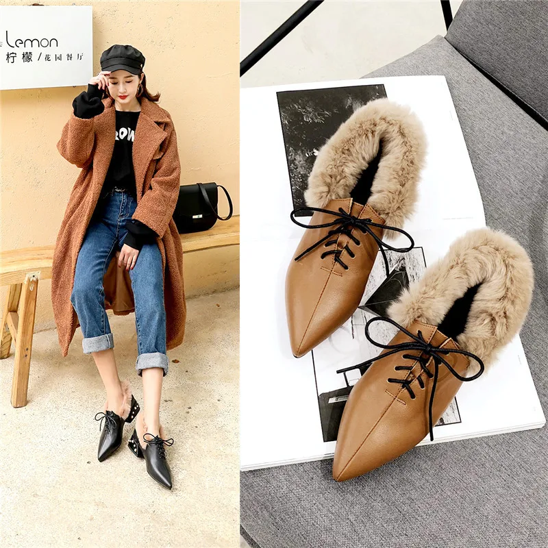 

19 Years New Style Chunky-Heel Semi-high Heeled Pointed-Toe Rabbit Fur Low-cut Shoes Leather Shoes Shoe Trend WOMEN'S Shoes
