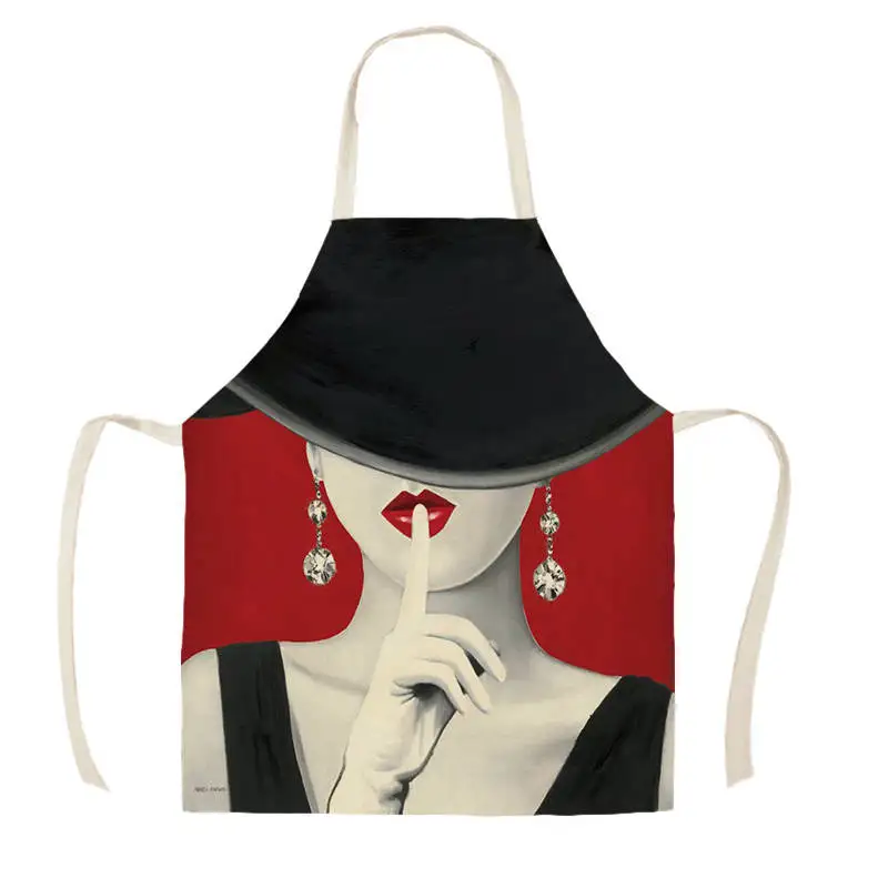 Linen Fashion Woman Print Kitchen Aprons Unisex Dinner Party Cooking Bib Funny Pinafore Cleaning Apron WQC293