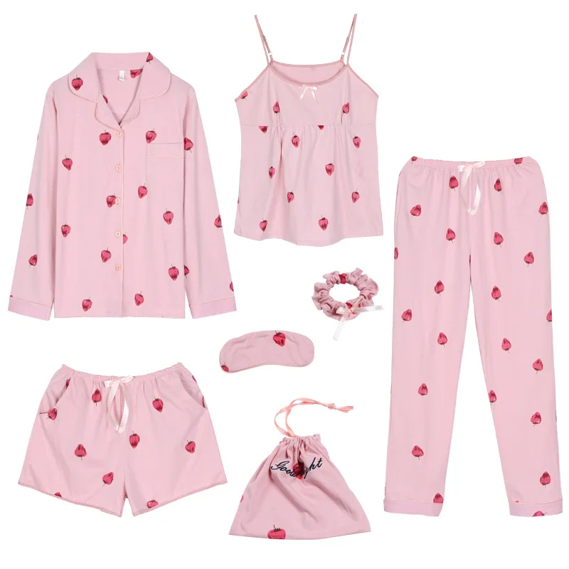 

Kee Shing Strawberry Seven Case Pure Cotton Pajamas Female Summer Spring And Autumn Sweet Camisole Cute Pure Cotton Long Sleeve
