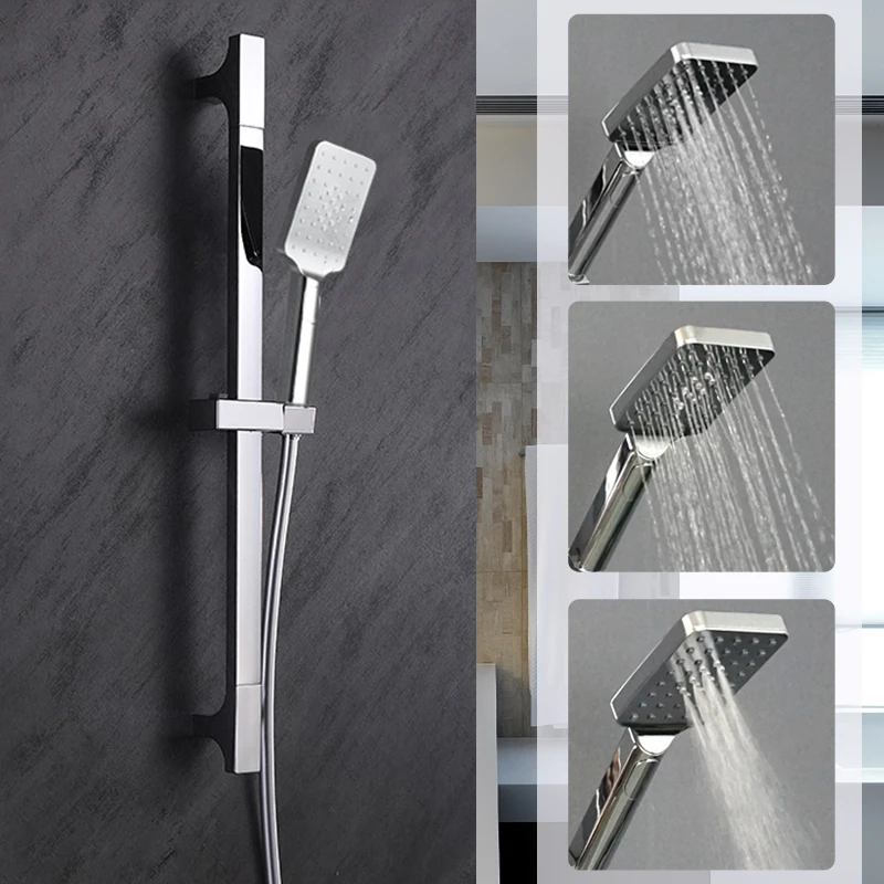 Height Adjustable Shower Bar,Adjustable Shower Bracket Shower Lifting Bar Silver Chrome Bathroom Handheld Shower Adjustable ABS Bracket Stainless Steel Rod Sliding Bar Set