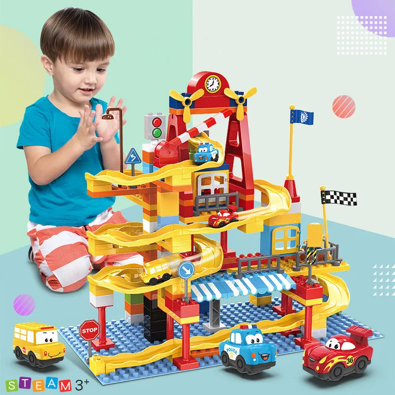 

156Pcs Big Particle Raceway Duploed Bricks City Race Slide Car Brinquedos Building Blocks Sets Castle DIY Educational Kids Toys