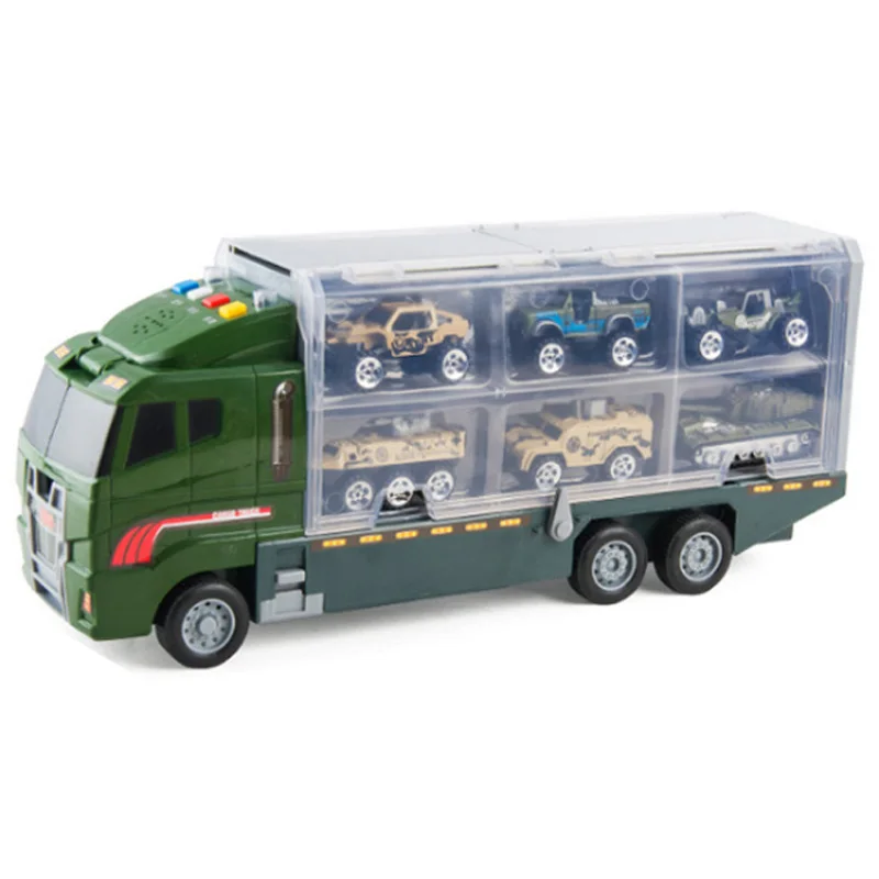 Big Truck& 6PCS Mini Alloy Diecast Car Model 1:64 Scale Toys Vehicles Carrier Truck Engineering Car Toys for Kids Boys - Color: Green