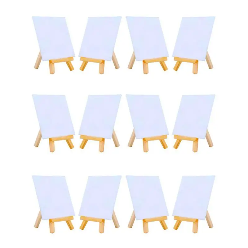 

4 By 4 Inch Mini Canvas And 8*16cm Mini Wood Easel Set For Painting Drawing School Student Artist Supplies, 12 Pack