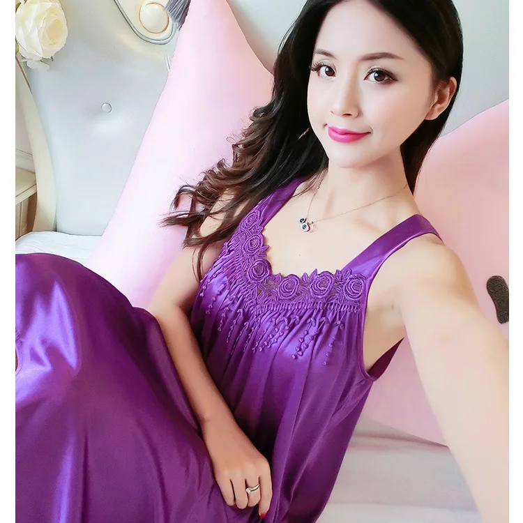

Hot Sales Viscose Pajamas Women's Summer Solid Color Nightgown Viscose Loose And Plus-sized Silk Thin Type for Spring And Autumn