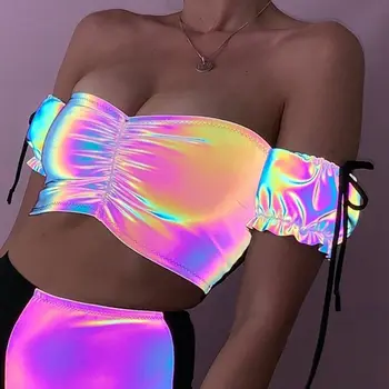 

Women Sexy Holographic Bralette Crop Top Strap Reflective Fashion Camis Hot Summer 2020 Off Shoulder Backless Tank Tops