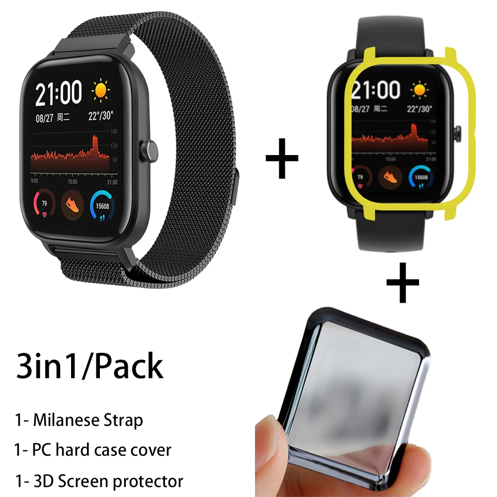 3в1 металлический Миланский ремешок для Xiaomi Amazfit GTS чехол металлический браслет для Huami Amazfit GTS Band 3D Защитная пленка для экрана - Цвет: black-yellow