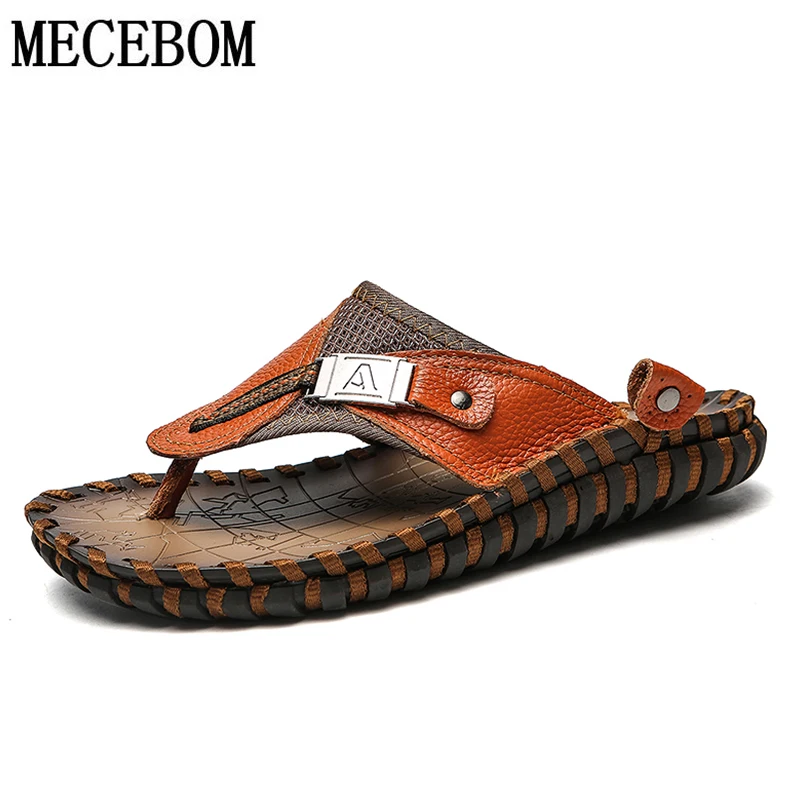 Г. Летние мужские шлепанцы большой размер 38-48, пляжная обувь из натуральной кожи модные шлепанцы без шнуровки Нескользящие Летние вьетнамки