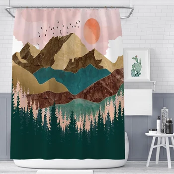 

Hot selling landscape sunset shower curtain Japanese mountain sunset bathroom shower curtain bathroom partition curtain distribu