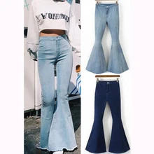 Woman High Waist Retro Stretch Flare Jeans Wash Denim Large Size Female Wide Leg Mom Jeans Solid Color Skinny Jeans Woman