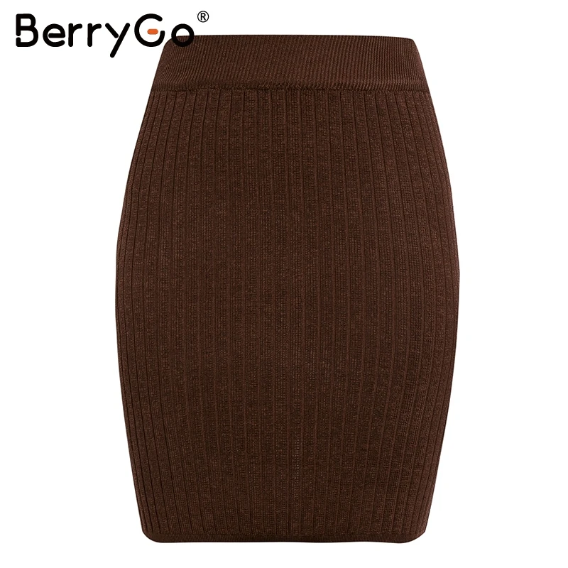 BerryGo элегантные трикотажные юбки с эластичным ремешком Женская осенне-зимняя теплая прямая женская юбка ребристая однотонная короткая женская юбка - Цвет: Coffee