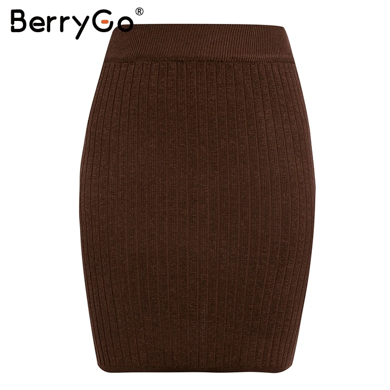 Coffee BerryGo элегантные трикотажные юбки с эластичным ремешком Женская осенне-зимняя теплая прямая женская юбка ребристая однотонная короткая женская юбка - Цвет: Coffee