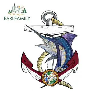 

EARLFAMILY 13cm x 9.7cm Florida Flag Anchor with Marlin Vinyl Decal Car Truck RV Boat Waterproof Car Stickers Cartoon Graphics