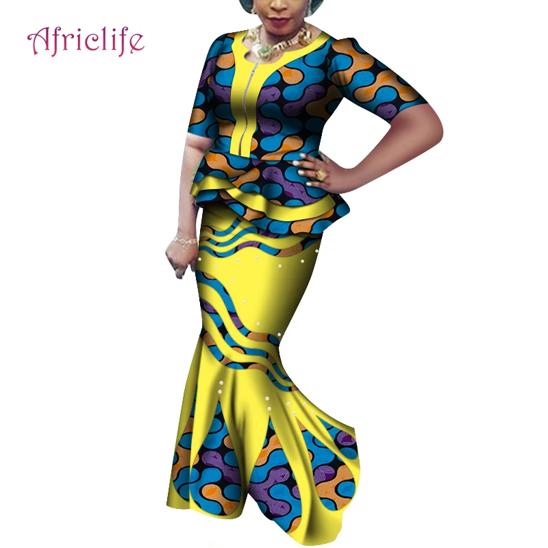 

Two Pcs African Women Skirt Suit with Pearls Special Collar Design Traditonal African Women Summer Skirt Set WY7362