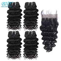 Deep Wave Hair With Closure Brazilian Remy 4 bundles 100% Natural Human Hair weave 50g curly Hair Extensions Short Bob style