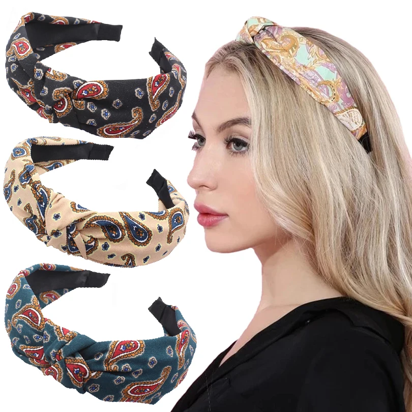 Top Knot Headbands for Women Girls Hairband Cashew Flower Bezel Hair Accessories Wide Print Hair Hoop Bands Tie Female Headdress
