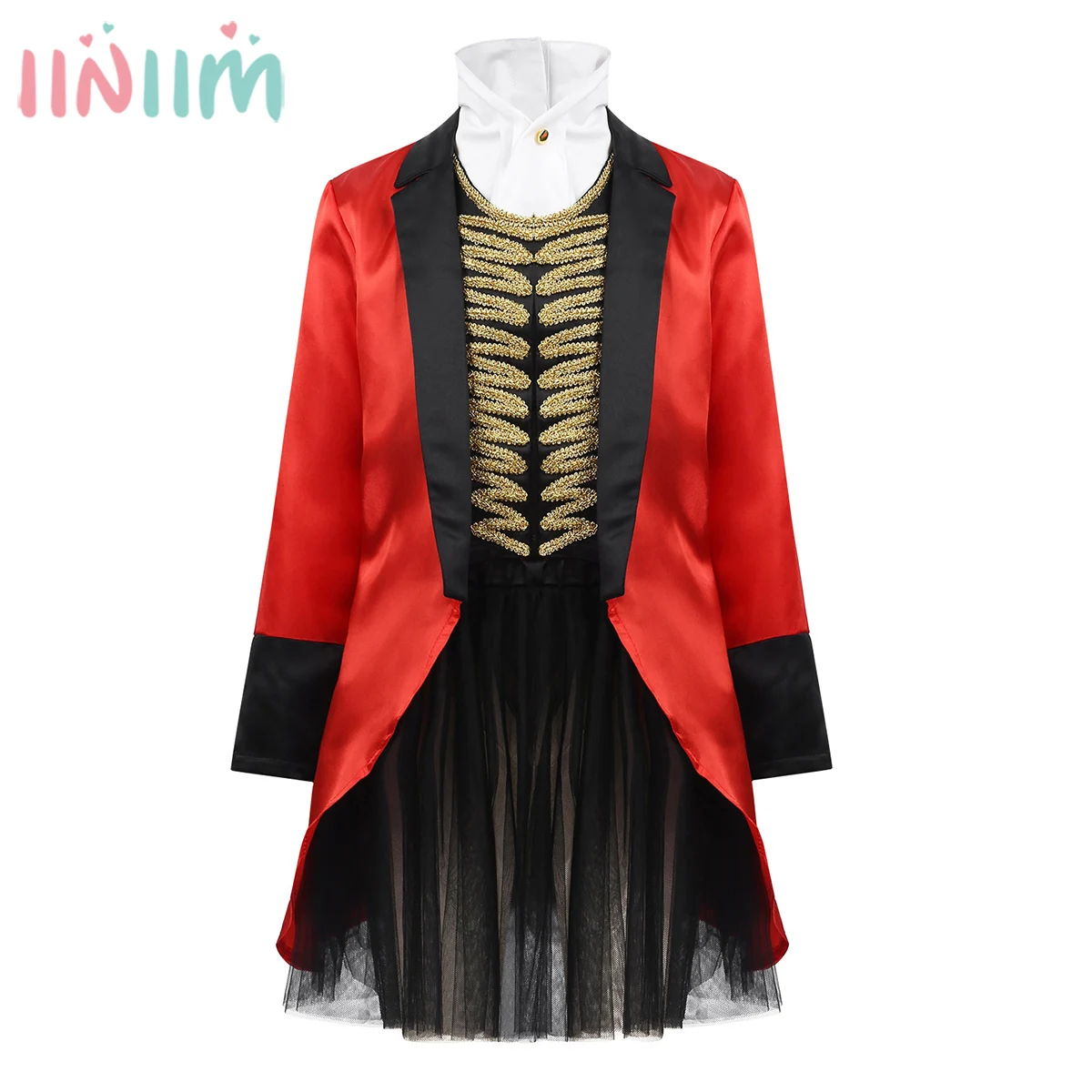 

Kids Girls Circus Ringmaster Costume Jacket with Decorative Neckpiece Mesh Skirt Sets for Halloween Cosplay Fancy Party Dress