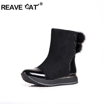 

REAVE CAT Girls Winter Snow Boot Suede Warm fur Anti slip Round Toe high Platform Pull on Leather Size 33-38 Grey Black Red