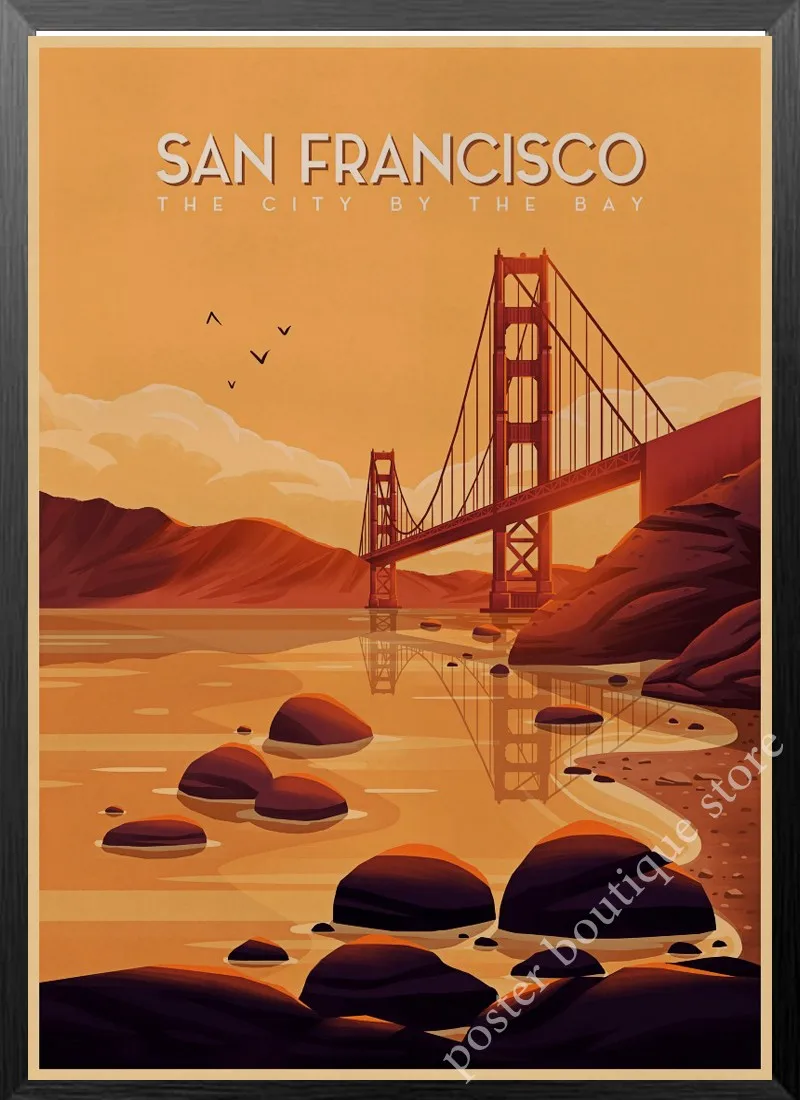 New York,Route 66,Venice,San francisco,Travel Landscape Vintage Retro Poster Decorative Wall Kraft Paper Poster Bar Home Decor
