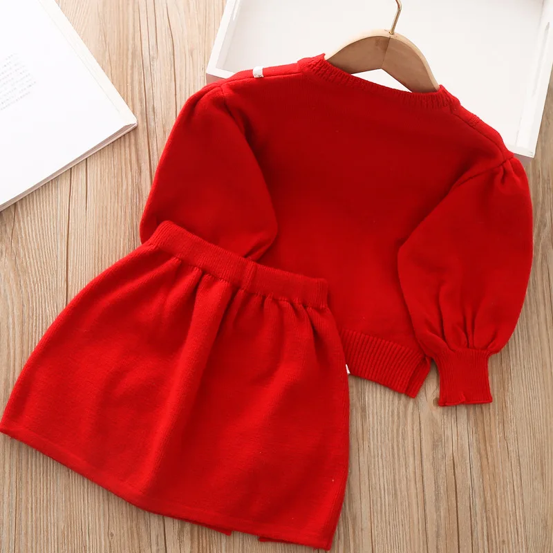 Baby Girl Clothes Warm Knitted Sweater Set Fall/Winter Girl Bowknot Cute Sweater Girl Solid Color Knitwear + Skirt 2-piece Set baby floral clothing set