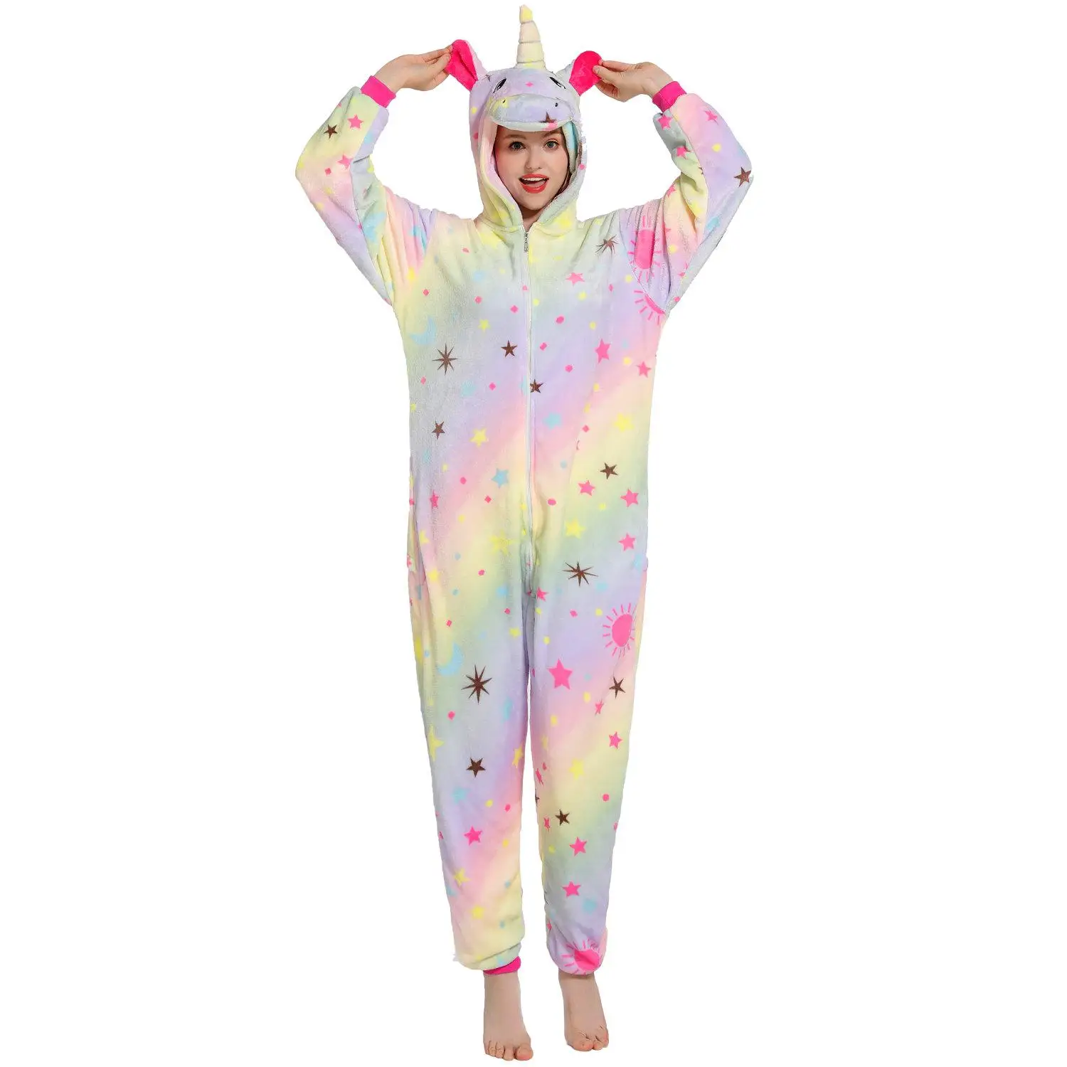 Пижама с единорогом, Женская Фланелевая пижама, домашняя одежда, Kigurumi, Ститч, панда, Тоторо, Мультяшные животные, пижамные комплекты, Пижама для взрослых - Цвет: Light Sunflower Tian