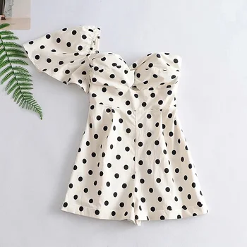 

Sexy One Shoulder Polka Dot Playsuit Women Summer Backless Chic Beach Bodysuit Lady Side Zipper Holiday Short Playsuits Rompers