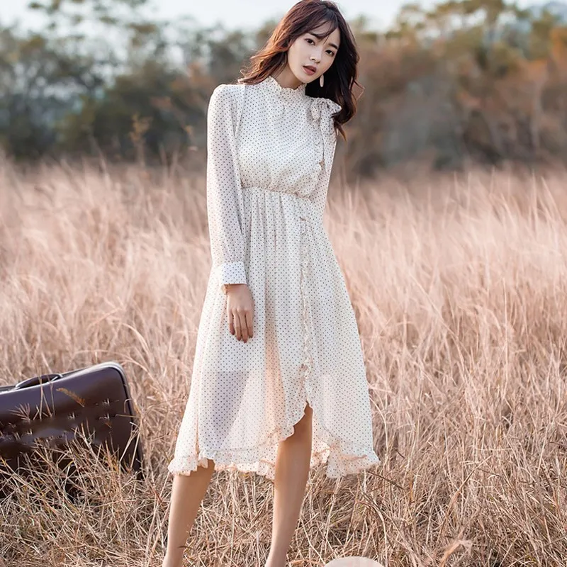 Spring Fall Women Polka Dot Long Sleeve Chiffon Dress Vintage Female ...