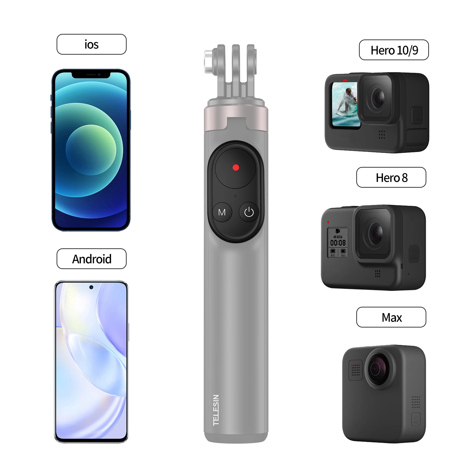 TELESIN Wireless Bluetooth Remote Control Selfie Stick Monopod Tripod For  GoPro Hero 10 9 8 Max Action Camera Smartphone