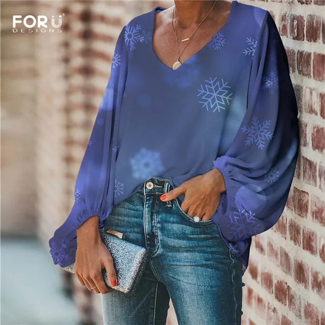 FORUDESIGNS/женские шифоновые блузки с v-образным вырезом, повседневные, с рукавом-шаром, красивые, с принтом снежинки, для девочек, мягкие, вечерние, для улицы, рубашки - Цвет: HMQ118B2