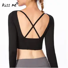 Твердые с глубоким вырезом и Для женщин блузка для занятий йогой, с низким вырезом на спине Фитнес Спортивная одежда для бега женский костюм для футбольных тренировок, длинный рукав, для йоги Топ U образным вырезом рубашка