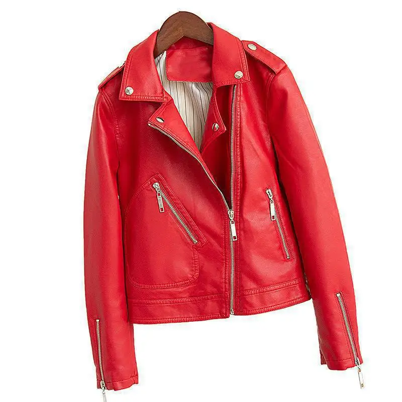 Модная мотоциклетная куртка для женщин, тонкий отложной воротник, короткое пальто из искусственной кожи, новая Женская осенне-зимняя красная Байкерская верхняя одежда из искусственной кожи - Цвет: 2