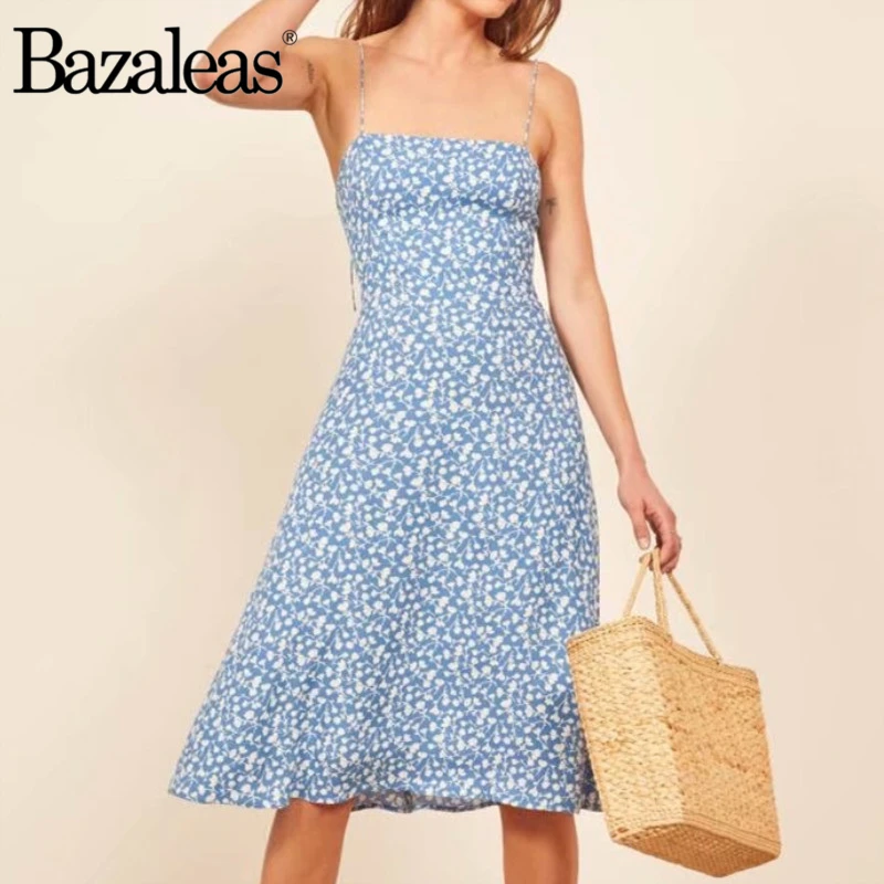 Bazaleas ретро синий цветочный принт спагетти ремень летнее платье шикарное vestidos винтажное тонкое женское миди платье Прямая