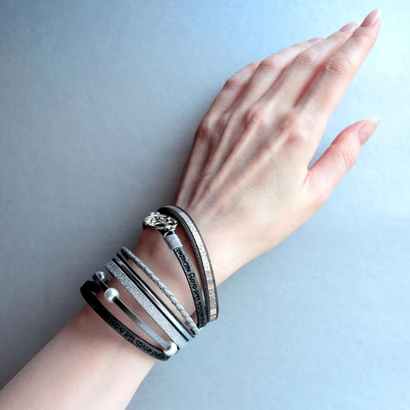 Pearl leather bracelet ALLYES tree of life charm for women men fashion bohemian multilayer wide wrap