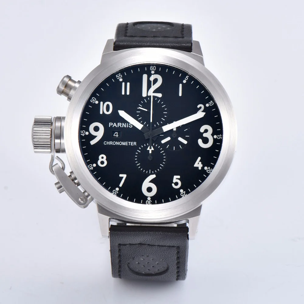 

Parnis 50mm Watch Men Sterile Dial Leather Strap Luminous Sport Calendar Silver Japan Chronograph Quartz Movement Wristwatch Men