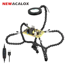 Newacalox clipe de mesa pcb suporte de solda 3x lupa com luz led soldagem ajudando mão braço flexível solda terceira mão ferramenta
