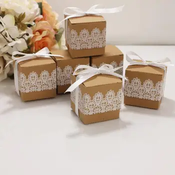 

(100 Pieces/lot) Creative Gift box Rustic and Lace Kraft Favor Box With Ribbon Wedding and Party Decoration Candy box paper box