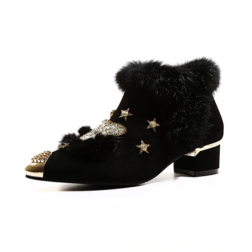 Женские остроконечный металлический носок, натуральный Лисий мех, Стразы для ногтей, ботильоны на блочном среднем каблуке, теплая зимняя Роскошная обувь, черный, серый цвет, A1572 - Цвет: Black