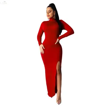 

Womens Dresses New Winter Maxi Dress Turtleneck Full Sleeve Sheath Sexy Dress Clubwear Open Fork Party Dress Solid Bandage Dress