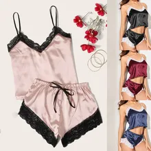 Сексуальное женское белье, женская пижама, атласное кружевное с v-образным вырезом, камзол, шорты с бантиком, набор, пижама, пижама, нижнее белье, пижама