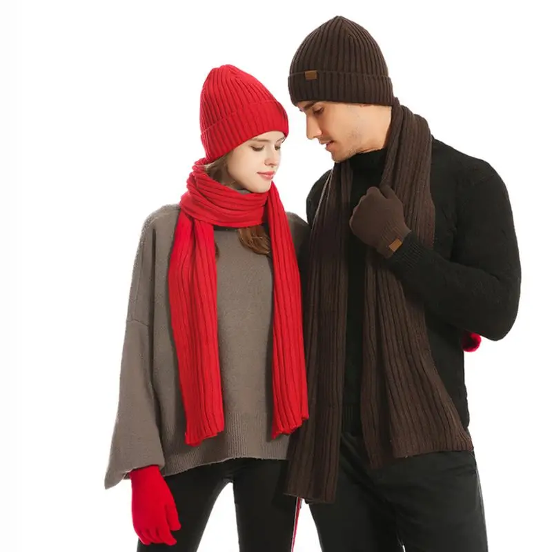 

Unnisex 3 In 1 Winter Warm Ribbed Knit Beanie Hat Long Scarf Touch Screen Gloves