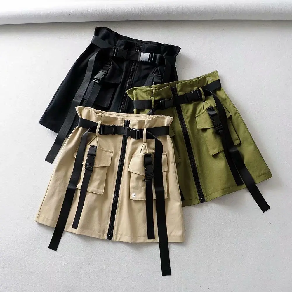 

2019 Summer Fashion Belt High-waisted Loose-Fit Slimming Solid Color A- line Workwear Half-length Short Skirt WOMEN'S Dress Skir